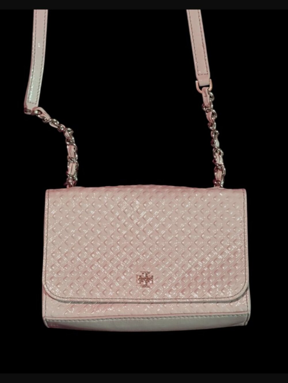 Tory Burch Marion Embossed Diamond Pattern Pink Patent Leather Gold Hardware